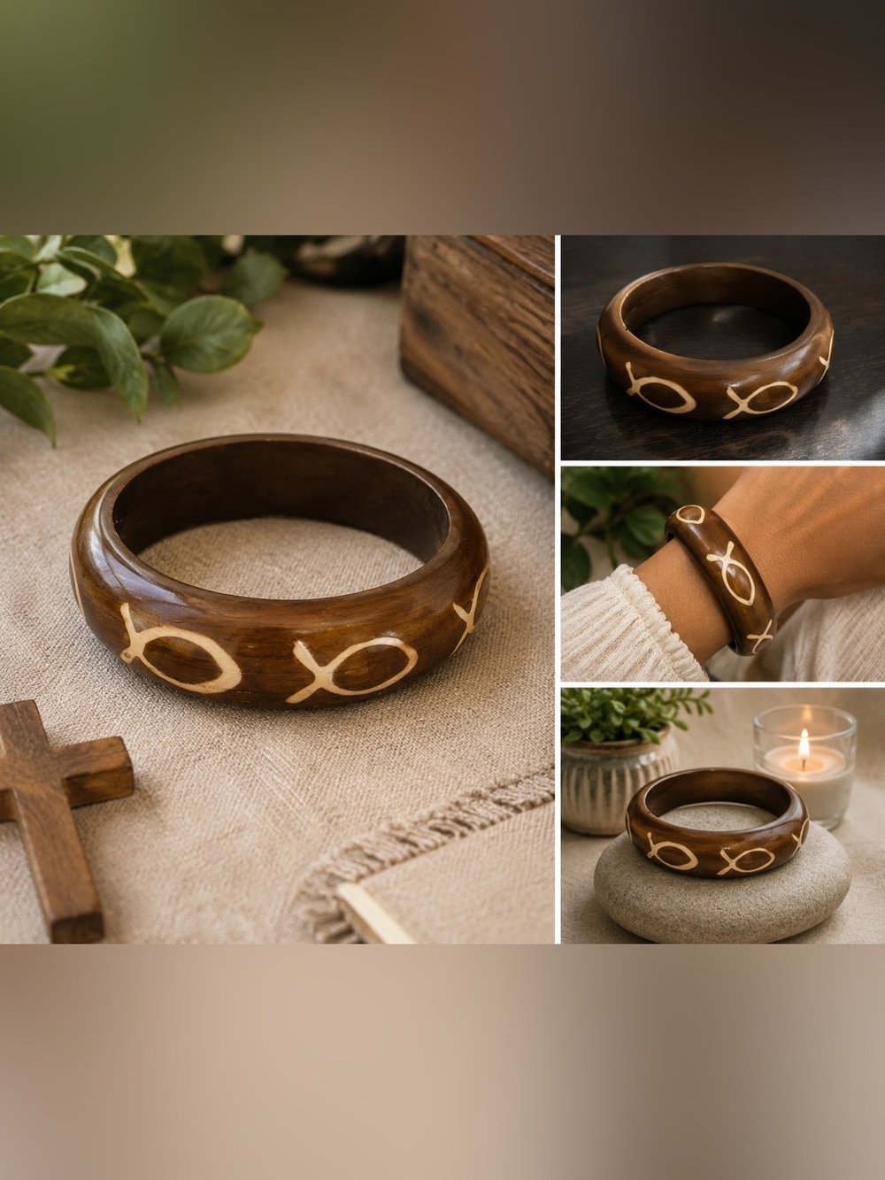 Wood Religious Bangle Bracelet | Fish Symbol Christian Wooden Bracelet Brown